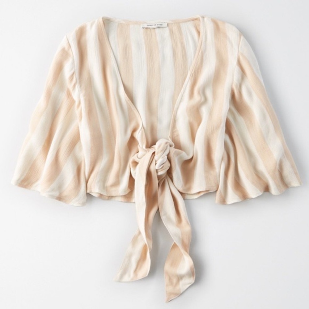 American Eagle AEO white & tan striped flowy cropped tie front top shirt